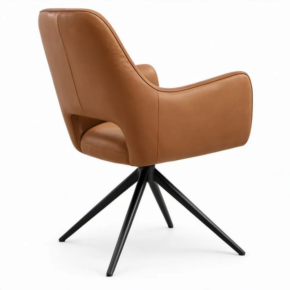 Loungestoel met armleuningen, cognackleurig PU-kunstleer en zwart stalen draaionderstel, 68 x 72 x 88 cm