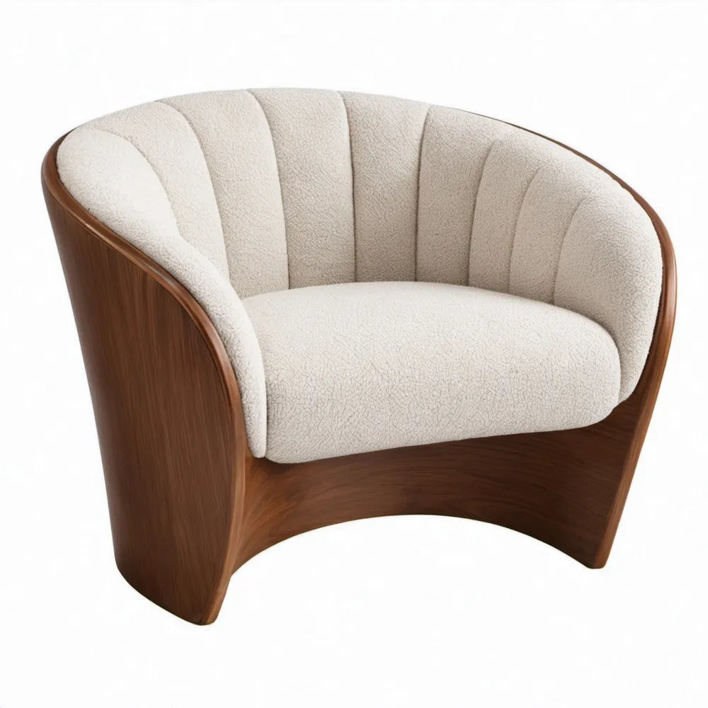 Loungefauteuil met gebogen rugleuning 80 x 76 x 75 cm in crèmekleurige bouclé en walnootbruin fineer