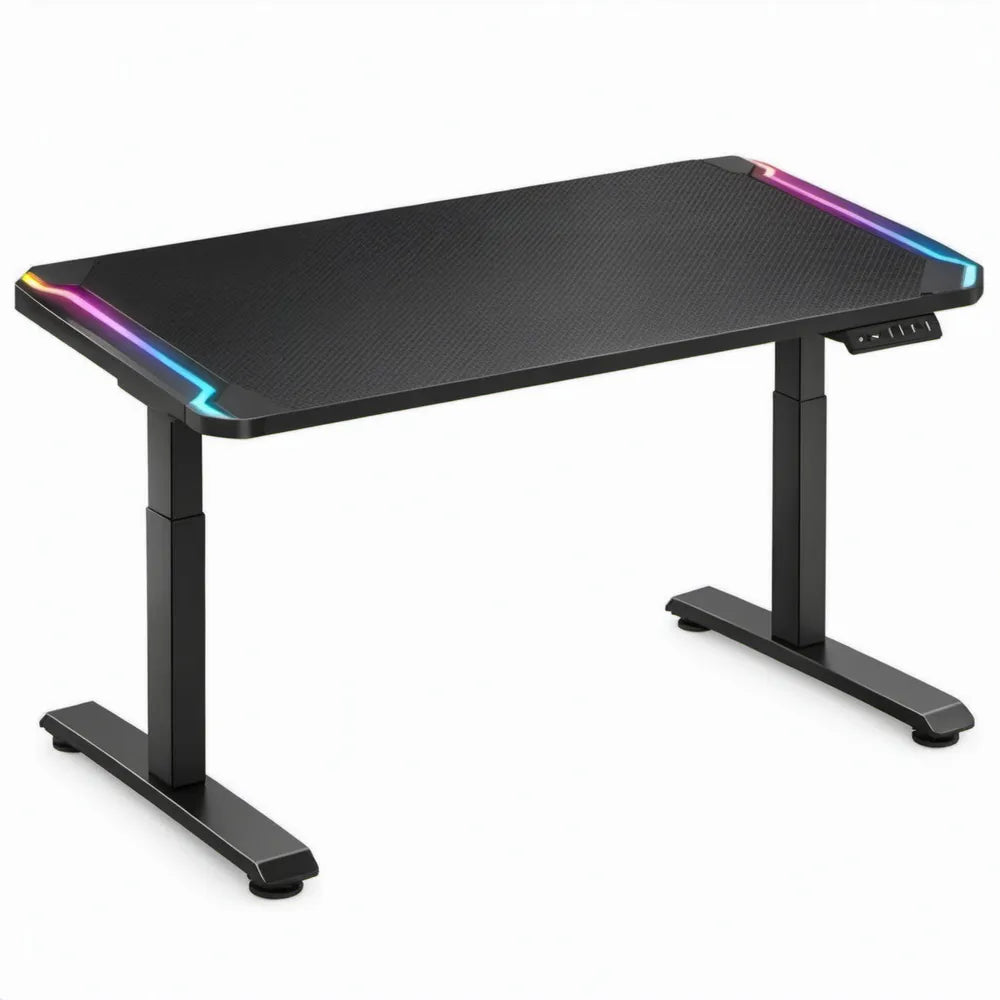 Elektrisch verstelbaar gamebureau 120 x 60 cm zwart met carbonvezelpatroon en RGB-verlichting