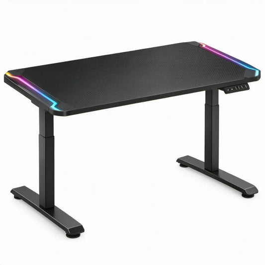 Elektrisch verstelbaar gamebureau 120 x 60 cm zwart met carbonvezelpatroon en RGB-verlichting