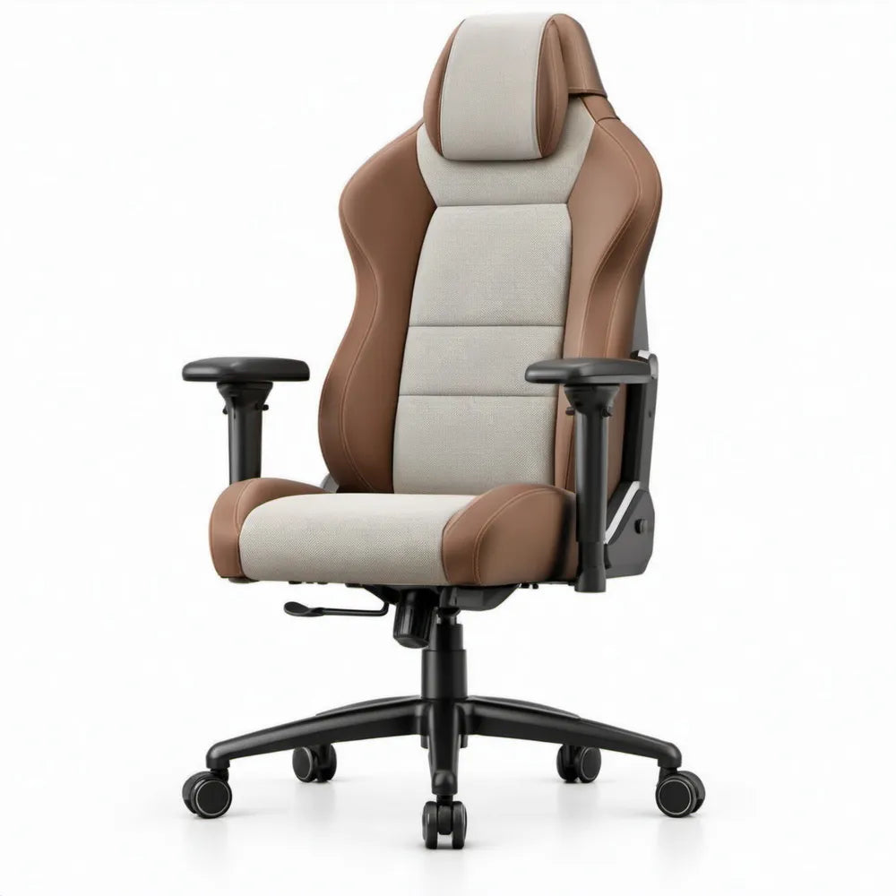 Verstelbare gamingstoel met hoofdsteun en armleuningen, bruin/beige/zwart, 70 x 70 x 125-135 cm
