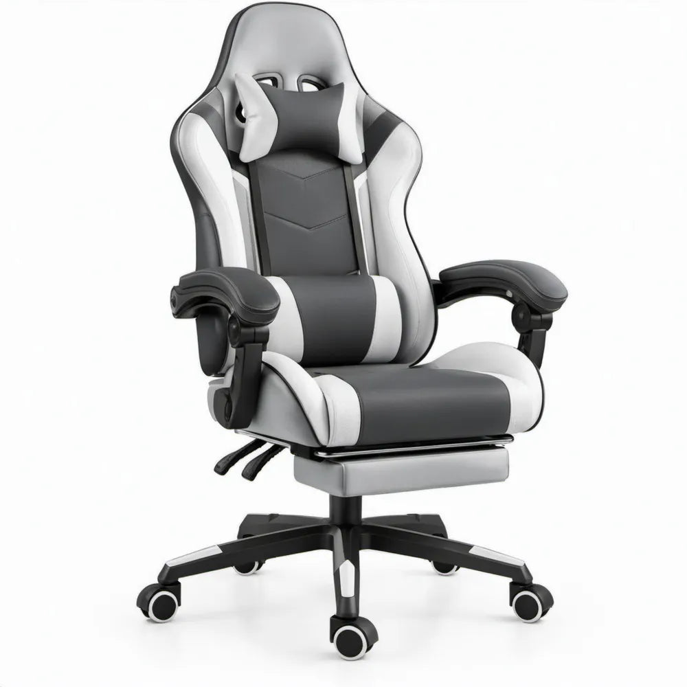 Ergonomische gamingstoel met verstelbare armleuningen, zwart/wit/grijs, 68 x 70 x 125-135 cm