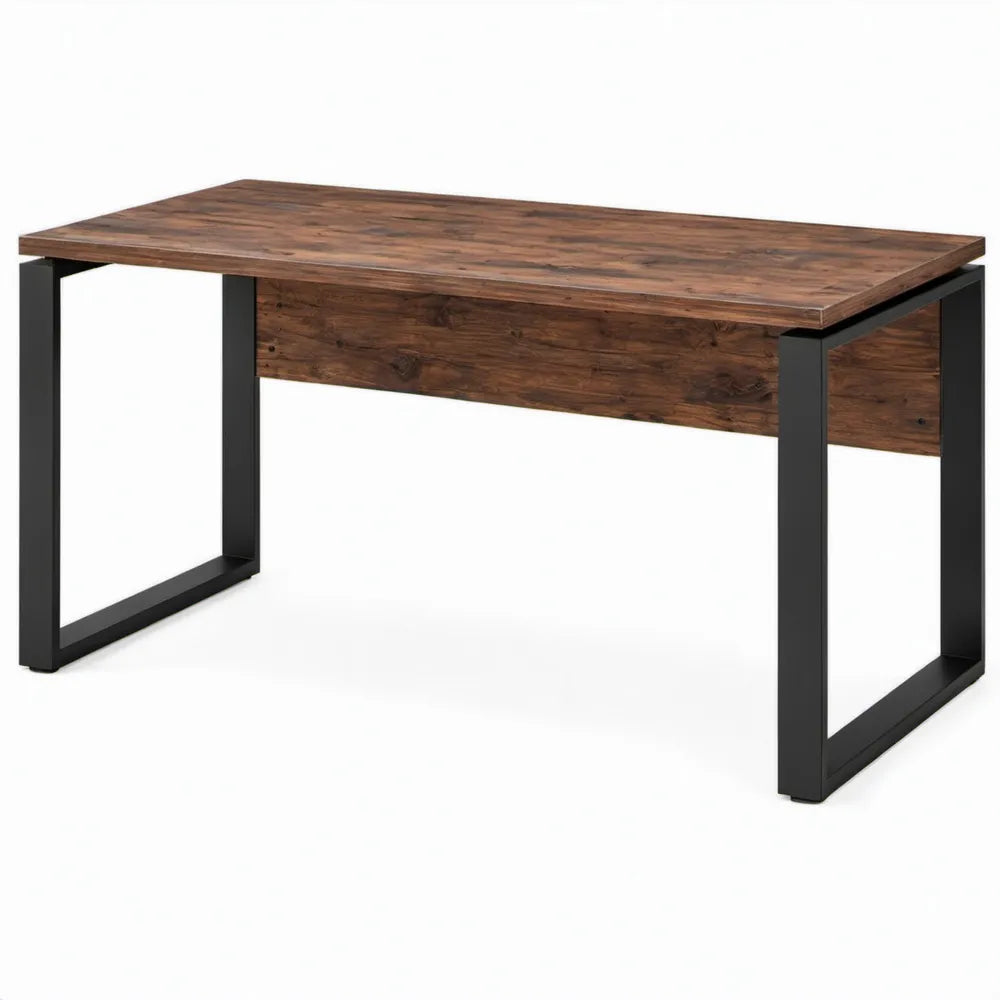 Industrieel bureau 140 x 70 x 75 cm met donkerbruin houtdecor en zwart stalen frame