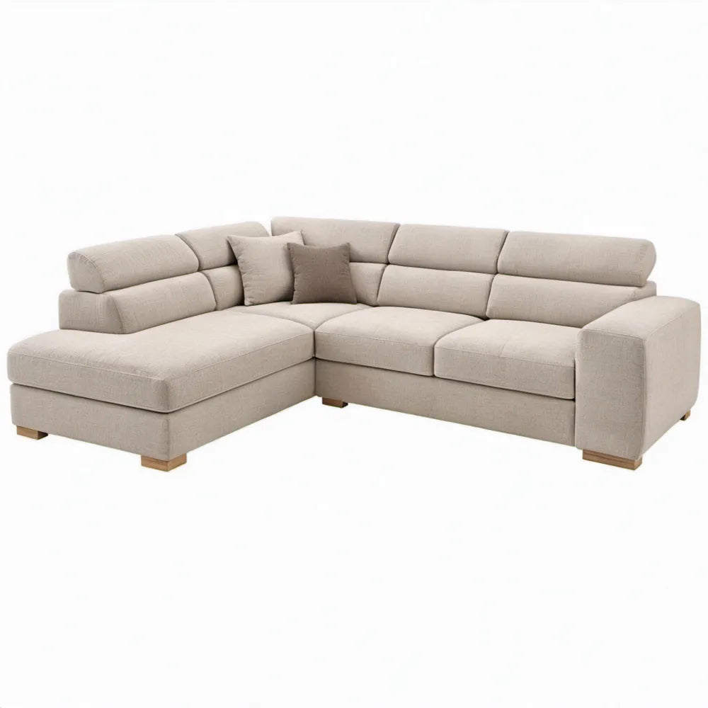 Beige hoekbank met chaise longue links, 300 x 170 x 90 cm