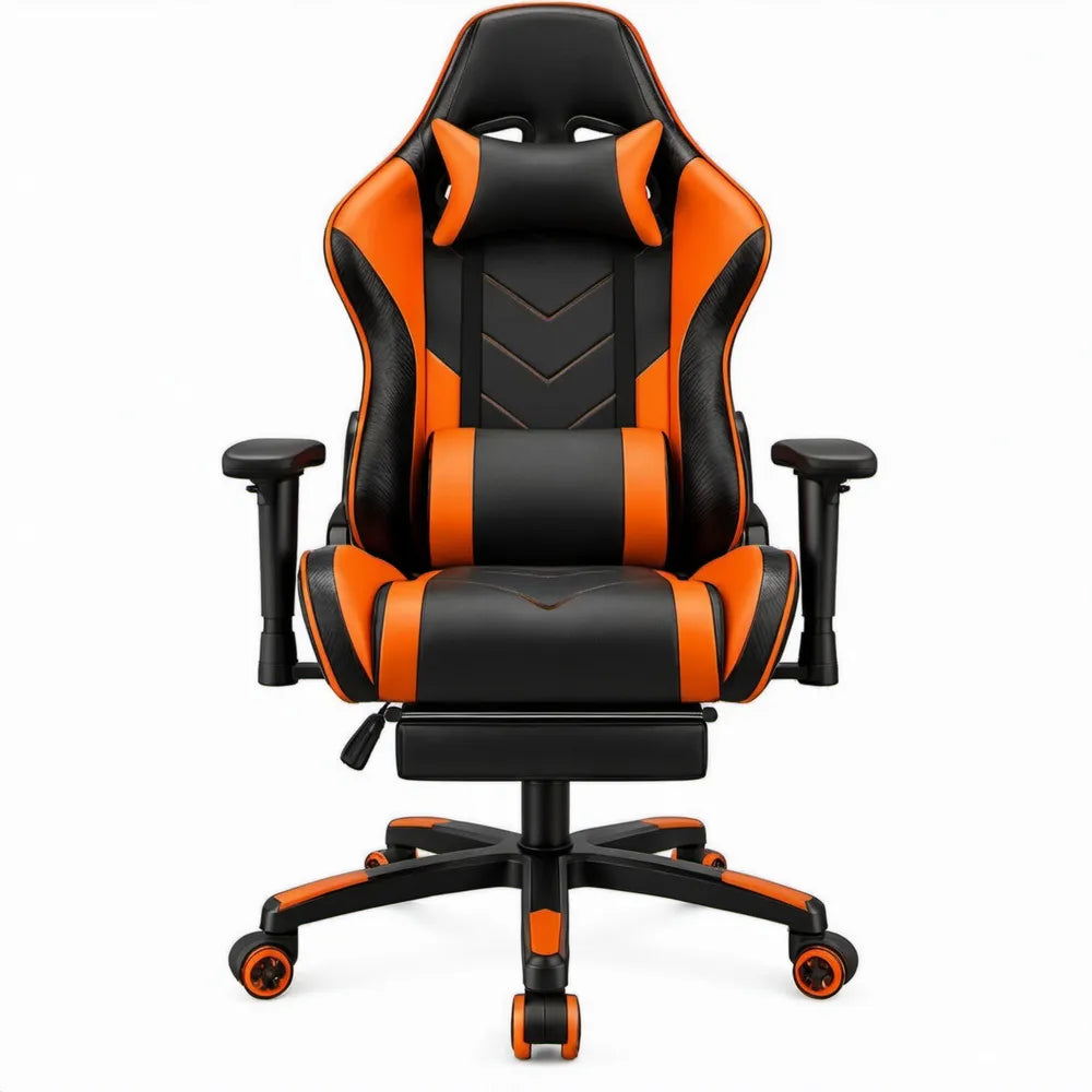 Zwart-oranje gamingstoel met voetensteun en kussens, 66 x 65 x 125-135 cm