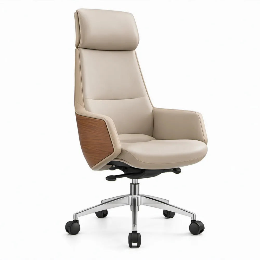 Directiestoel met hoge rugleuning van PU-kunstleer, beige, 68 x 68 x 118-128 cm