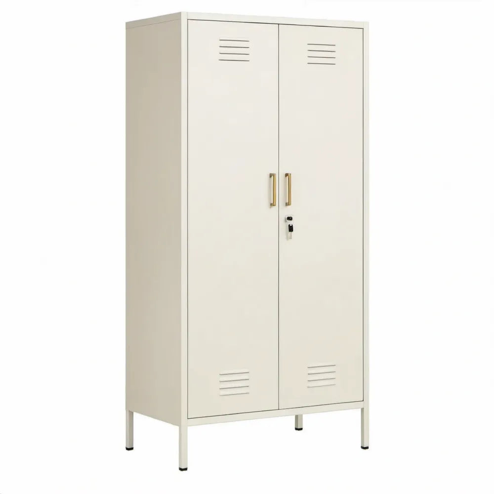 Metalen kast met 2 deuren, slot en ventilatiesleuven – 80 x 40 x 180 cm – Wit/Goudkleurig