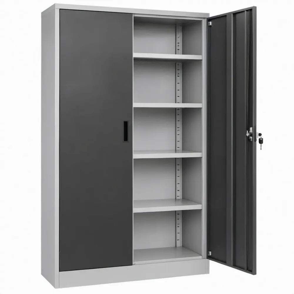 Metalen kast met 2 afsluitbare draaideuren en 4 verstelbare legplanken – 90 x 40 x 180 cm – Antracietgrijs/ Lichtgrijs