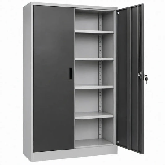 Metalen kast met 2 afsluitbare draaideuren en 4 verstelbare legplanken – 90 x 40 x 180 cm – Antracietgrijs/ Lichtgrijs