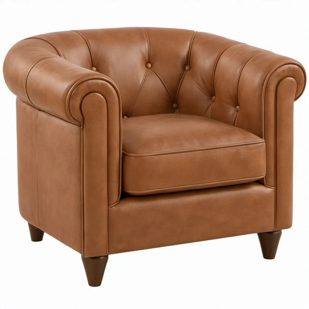 Chesterfield fauteuil van cognacbruin PU-kunstleer met donkerbruine poten, 110 x 95 x 78 cm