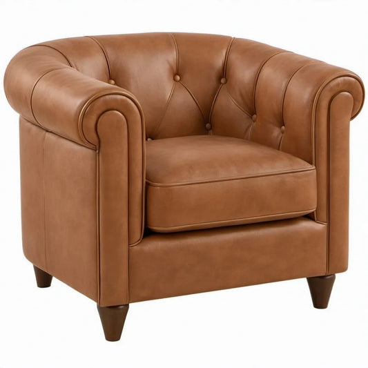 Chesterfield fauteuil van cognacbruin PU-kunstleer met donkerbruine poten, 110 x 95 x 78 cm