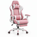 Roze-witte gamingstoel met uitschuifbare voetensteun en verstelbare armleuningen, 66 x 60 x 122-132 cm