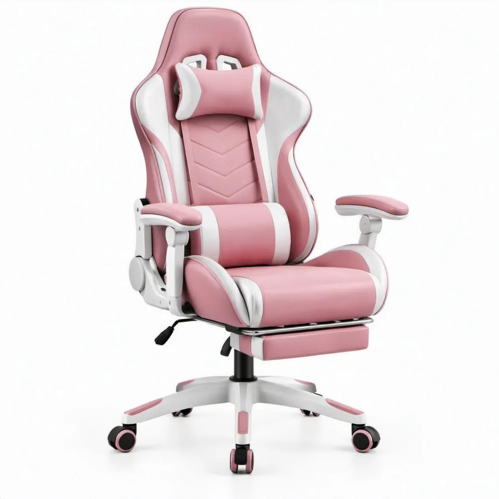 Roze-witte gamingstoel met uitschuifbare voetensteun en verstelbare armleuningen, 66 x 60 x 122-132 cm