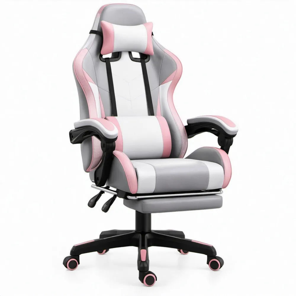 Verstelbare gamingstoel met voetensteun en kussens, roze/wit/grijs/zwart, 66 x 66 x 118-128 cm