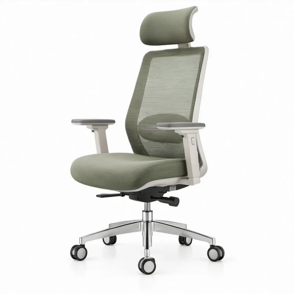 Ergonomische bureaustoel met hoofdsteun en verstelbare armleuningen, 66 x 68 x 117-127 cm, olijfgroen/wit/zilverkleurig/zwart