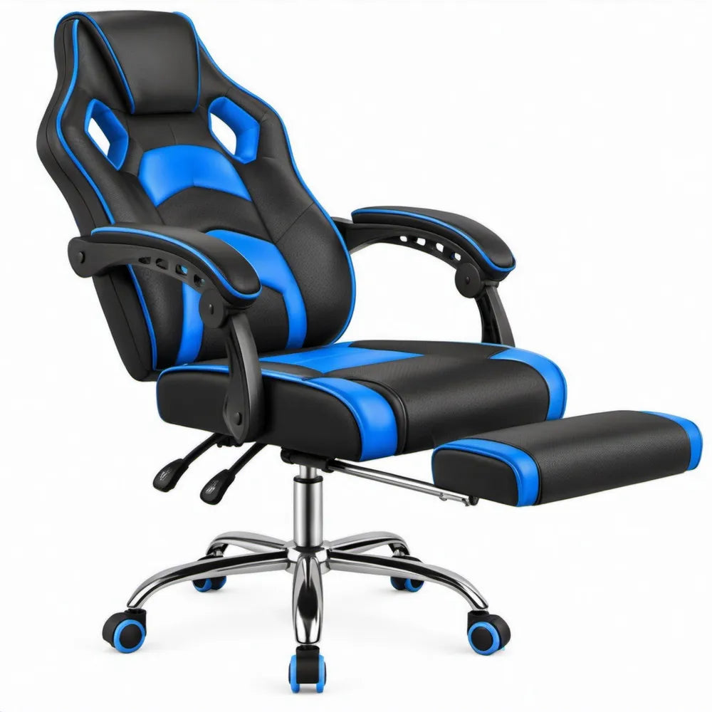 Gamingstoel met uitschuifbare voetensteun, zwart/blauw, 65 x 65-145 x 112-122 cm