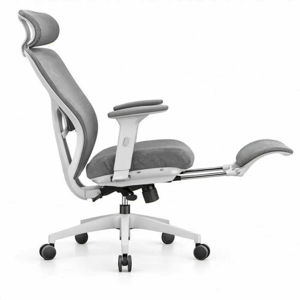 Ergonomische bureaustoel grijs/wit met verstelbare hoofdsteun en uitschuifbare voetensteun, 65 x 65 x 118-128 cm