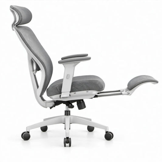 Ergonomische bureaustoel grijs/wit met verstelbare hoofdsteun en uitschuifbare voetensteun, 65 x 65 x 118-128 cm
