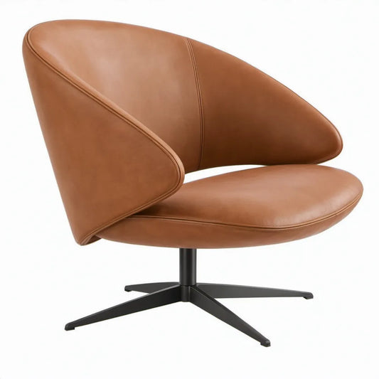 Draaibare loungestoel van cognackleurig PU-kunstleer met zwart stalen onderstel, 76 x 78 x 78 cm