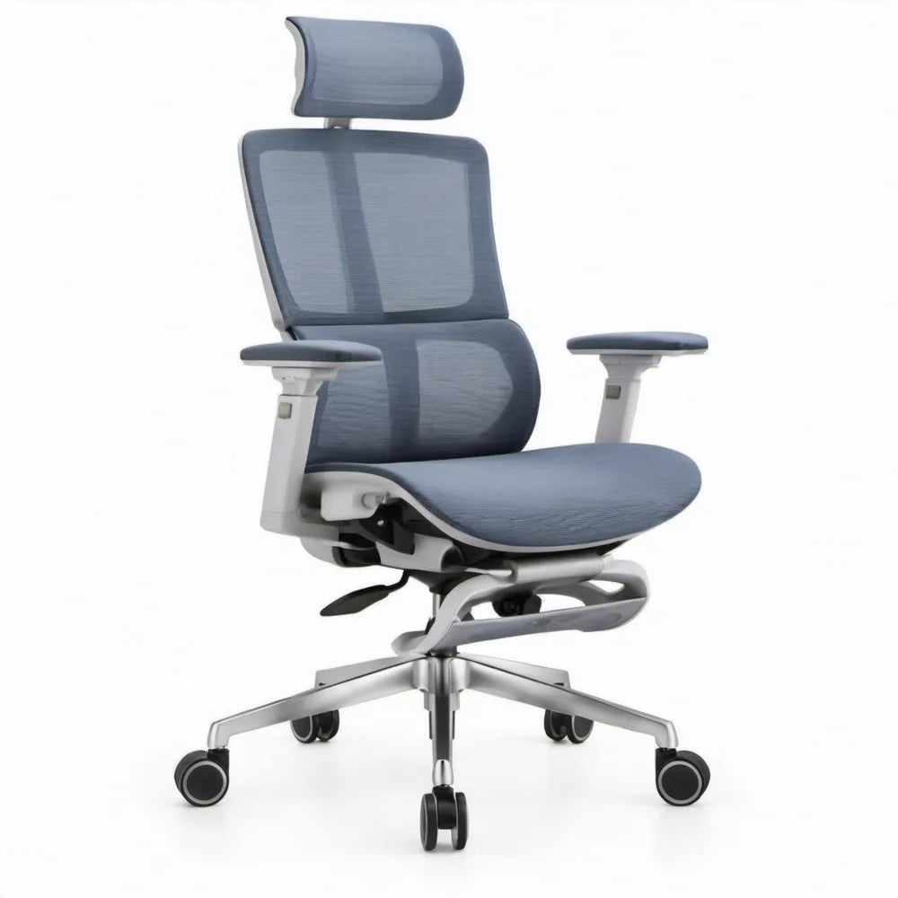 Ergonomische bureaustoel blauwgrijs met hoofdsteun, verstelbare armleuningen en wielen, 66 x 66 x 119-129 cm