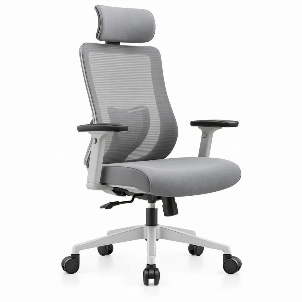Ergonomische bureaustoel met verstelbare hoofdsteun, grijs/zwart/zilvergrijs, 66 x 66 x 118-128 cm