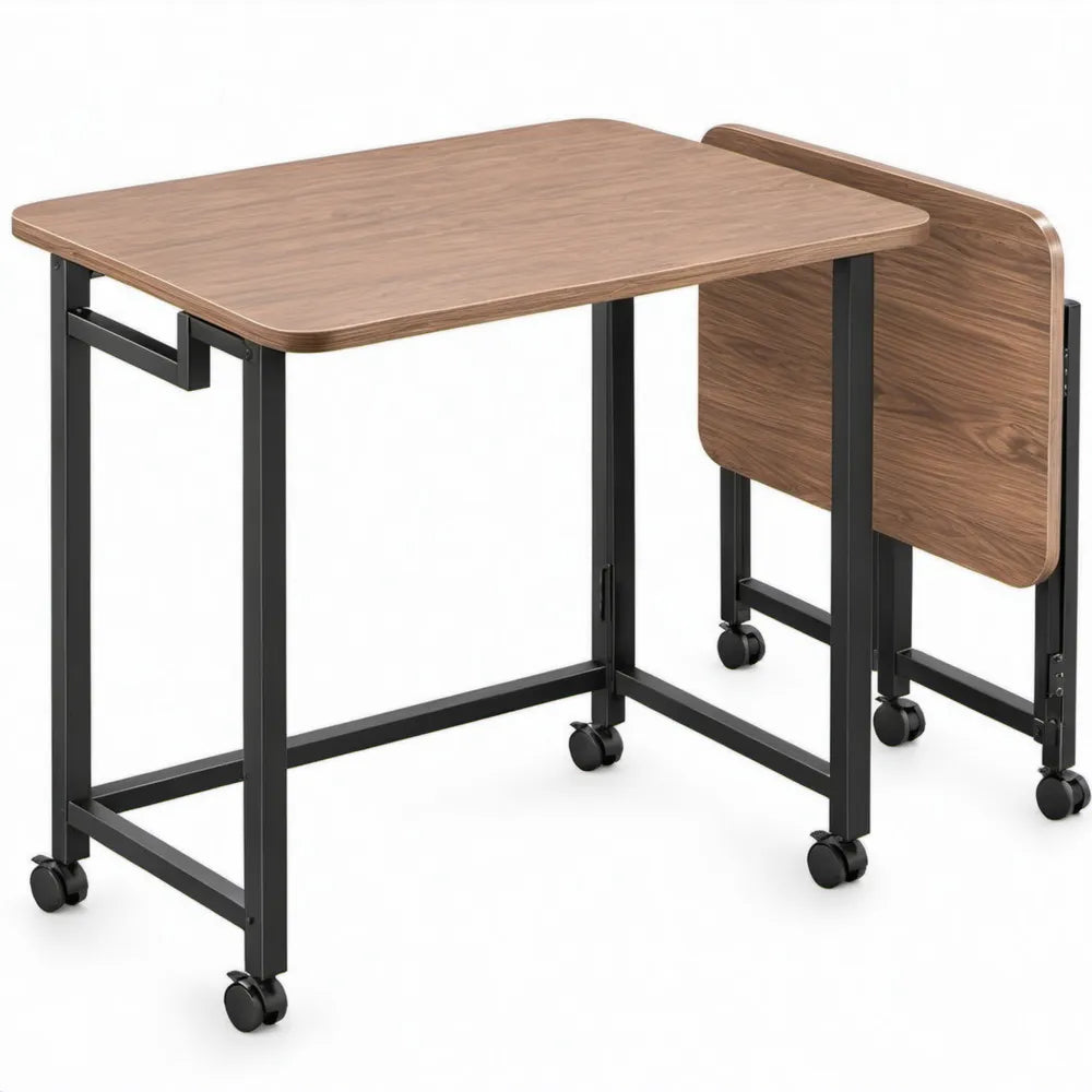 Set van 2 inklapbare bureaus met wielen, 120 x 60 x 75 cm, walnootbruin/zwart