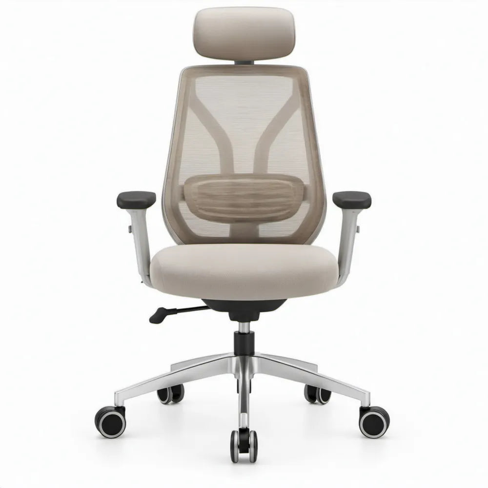 Ergonomische bureaustoel beige/zilver/zwart met verstelbare hoofdsteun en lendensteun, 66 x 66 x 116-126 cm