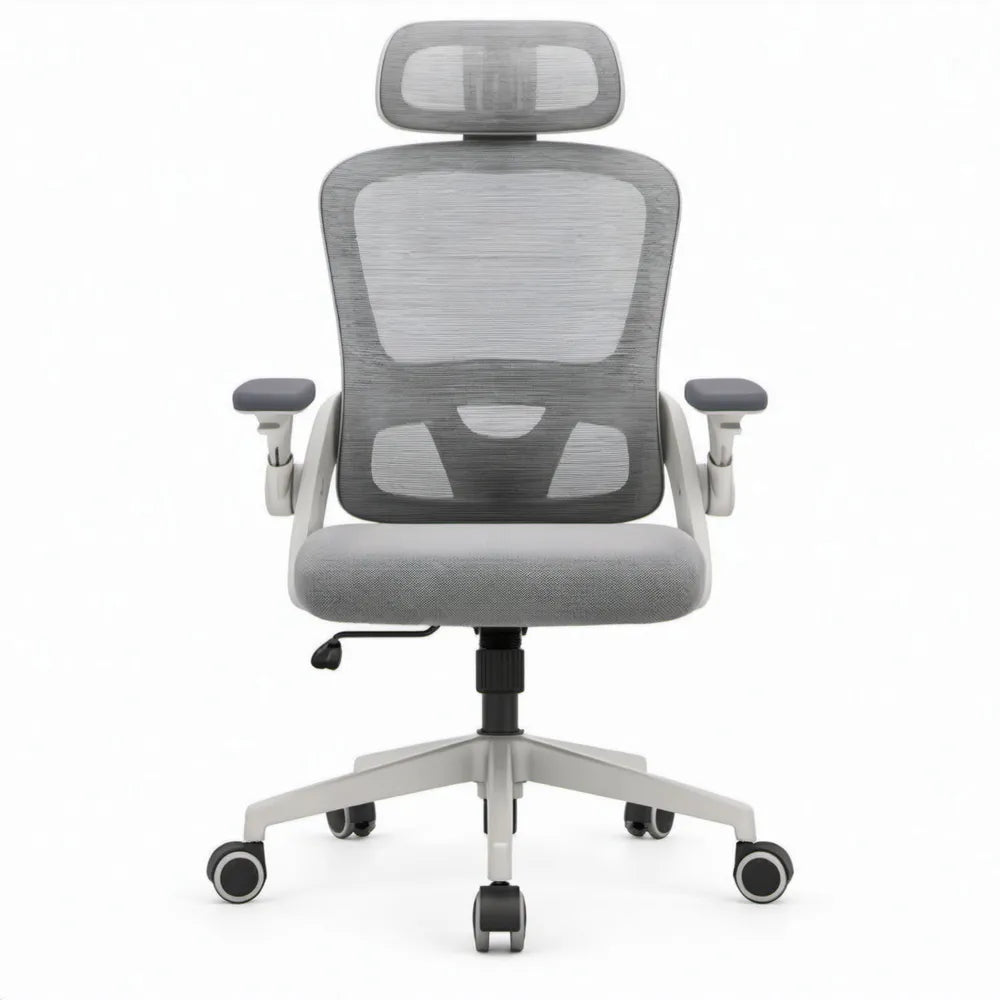Ergonomische bureaustoel met verstelbare hoofdsteun en armleuningen, grijs/zwart, 66 x 66 x 118-128 cm