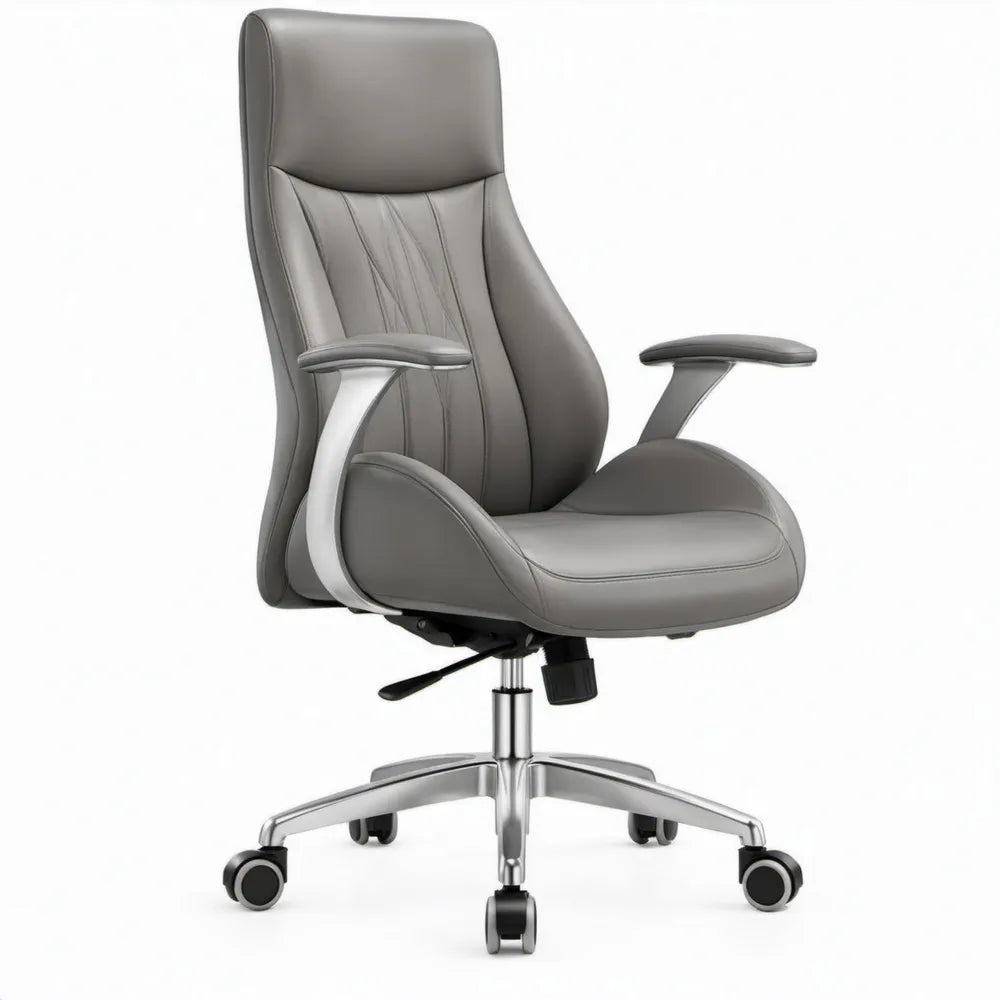 Ergonomische bureaustoel met hoge rugleuning van grijs PU-kunstleer, 64 x 64 x 118-128 cm