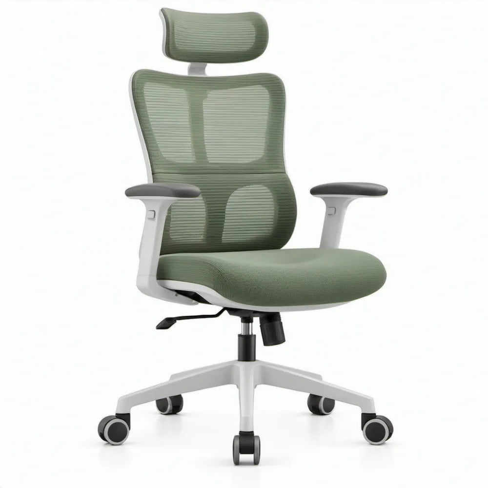 Ergonomische bureaustoel met hoofdsteun en armleuningen, groen/wit/zwart, 66 x 66 x 116-126 cm