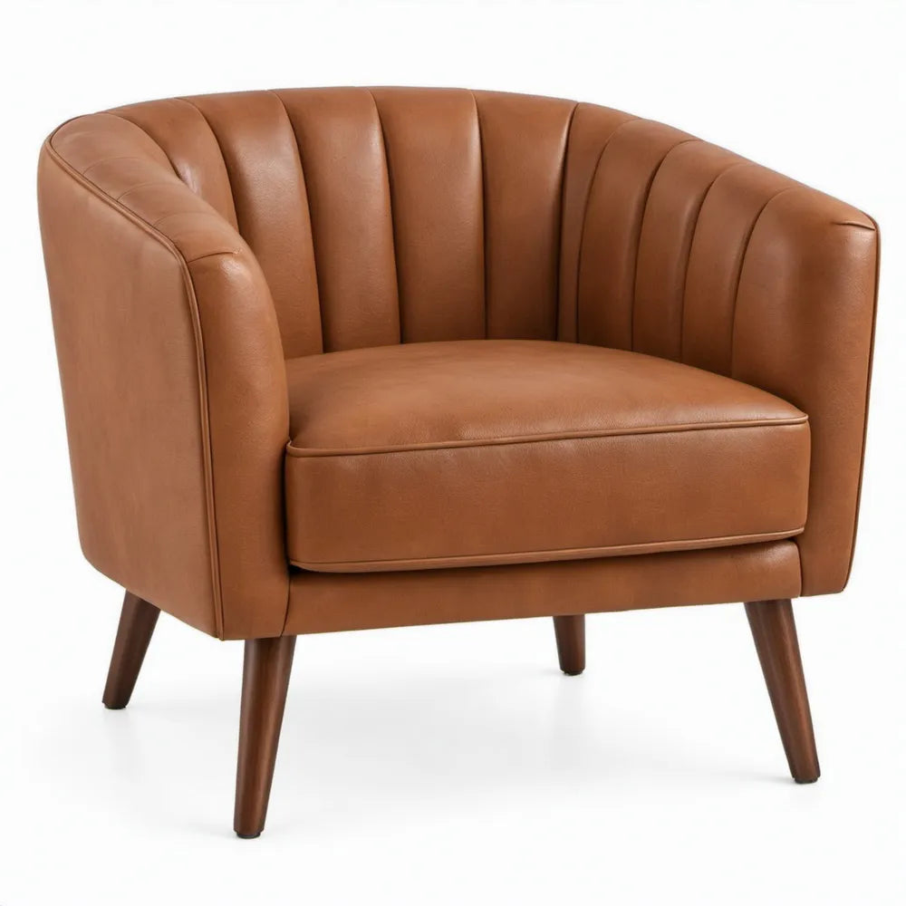 Ronde loungefauteuil van cognacbruin PU-kunstleer met donkerbruine rubberhouten poten, 76 x 76 x 78 cm