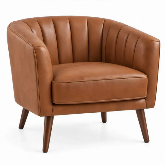 Ronde loungefauteuil van cognacbruin PU-kunstleer met donkerbruine rubberhouten poten, 76 x 76 x 78 cm