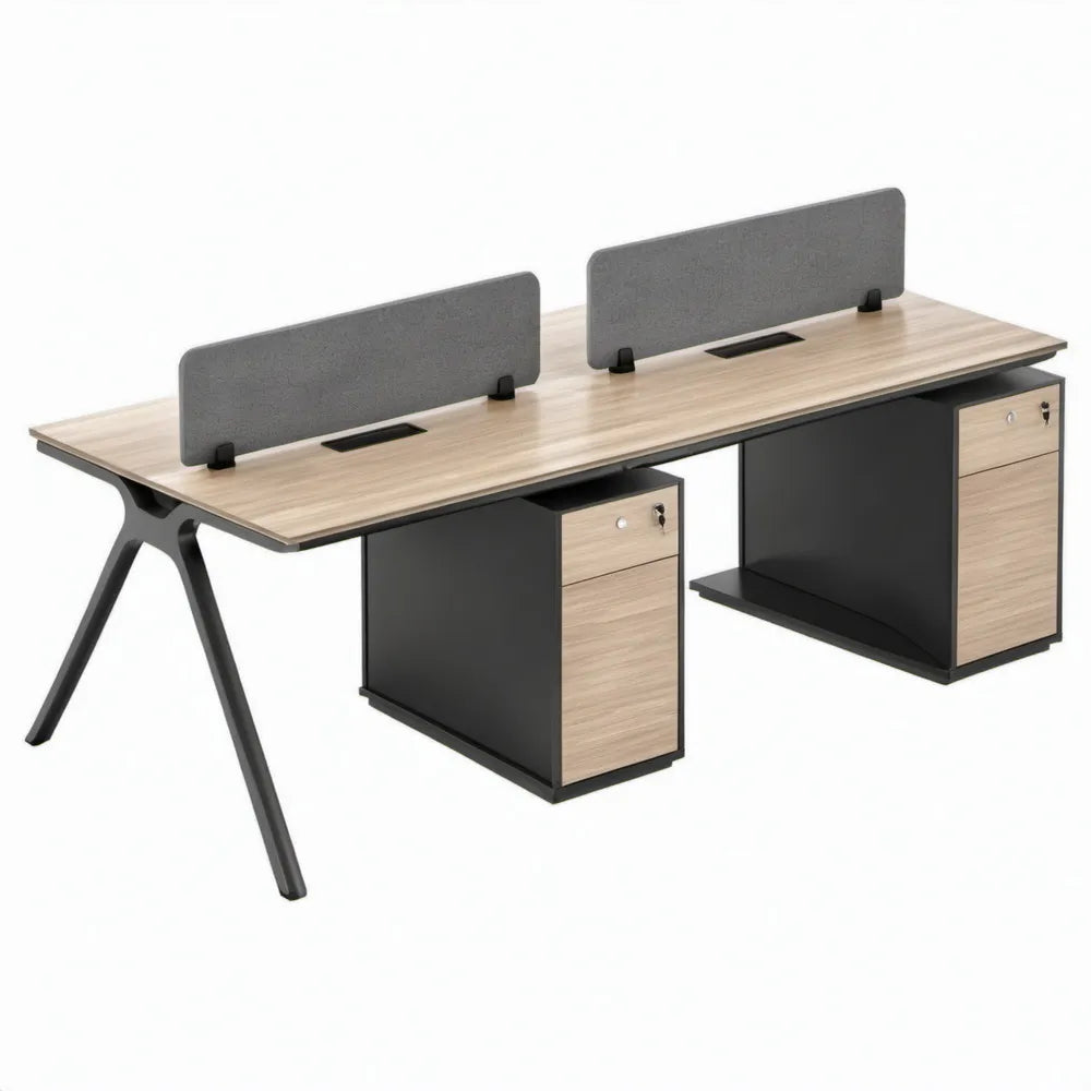 Dubbel bureau 240 x 120 x 75 cm met 2 afsluitbare ladeblokken, kabeldoorvoeren en scheidingswanden – eikenkleurig/zwart/grijs